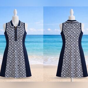 Spartina 449 Freya Zip Golf Tennis Dress Navy Geo Print Sleeveless Size L